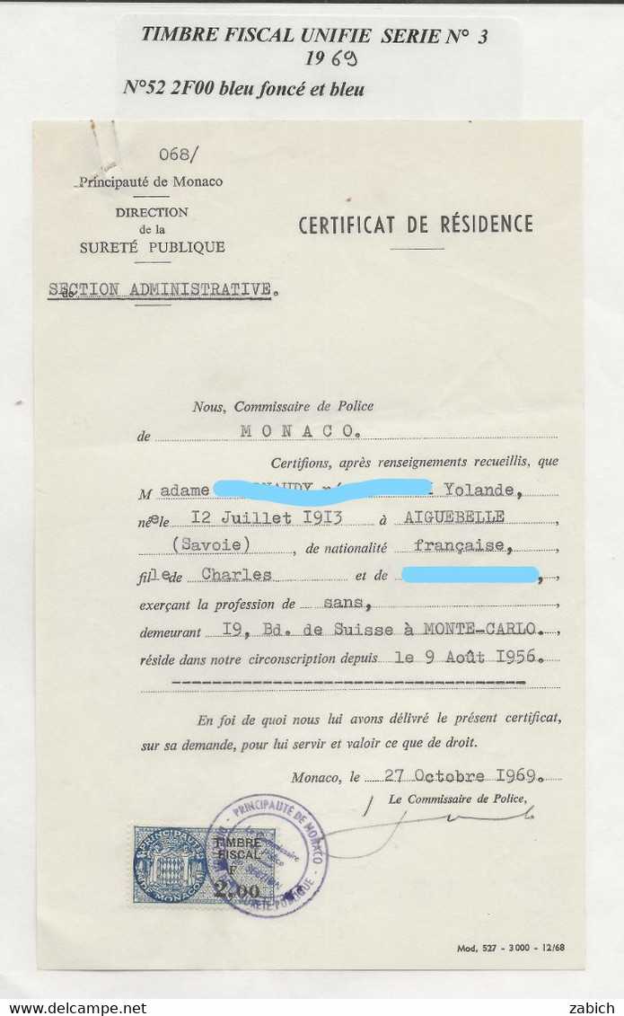 FISCAUX DE MONACO SERIE UNIFIEE  De 1963 N°52  2,00 F  Bleu - Revenue