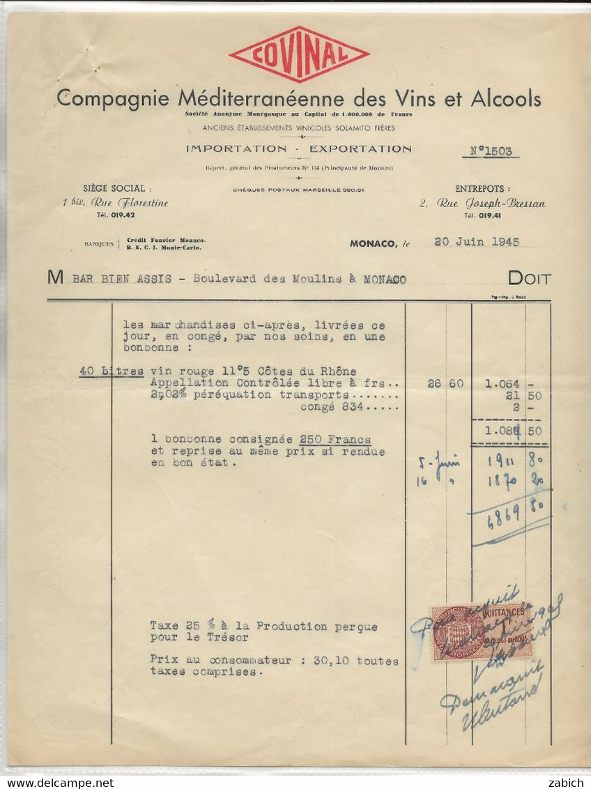 FISCAUX DE MONACO Document De 1945  Variété Du Timbre Quittance N°9 F Brun Rouge Point Sous Le F à La Place Du Trait - Fiscaux