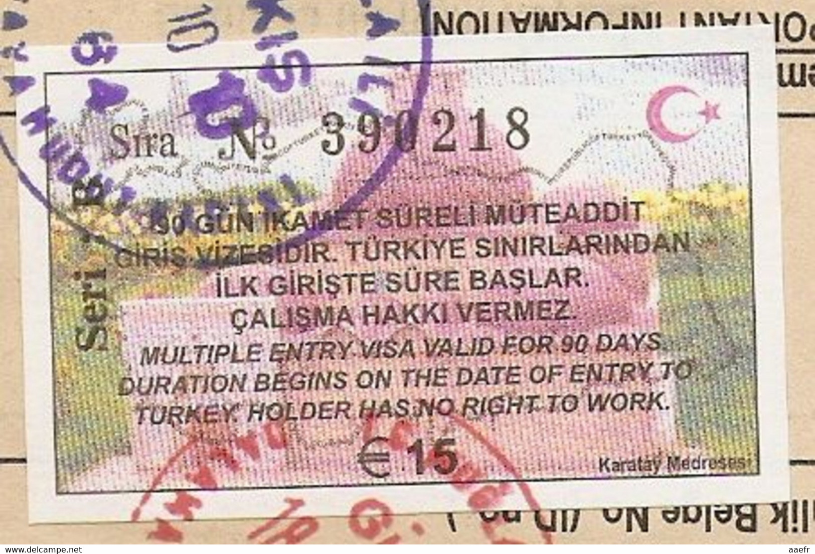 Turquie 2010 - VISA Entrées Multiples 15€ - Timbre Taxe - Postage Due