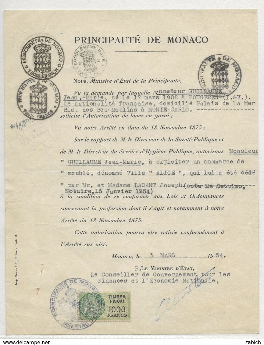 FISCAUX DE MONACO SERIE UNIFIEE  De 1949 N°19 1000F Vert Sur Papier Timbre 3 F Et 2F Le  3 Mars 1954 - Revenue