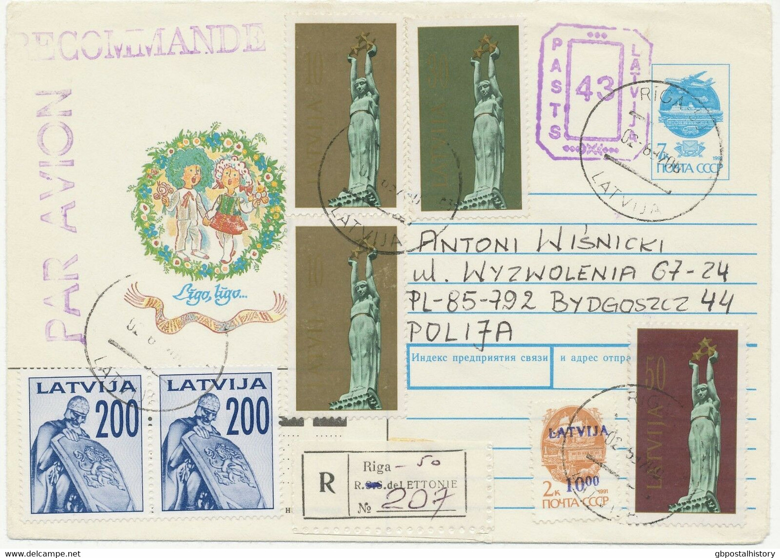 LETTLAND 1992 Russische AH-GU M. Zusatzfrank. Als R-Bf Von RIGA N. Polen ABART - Lettonie