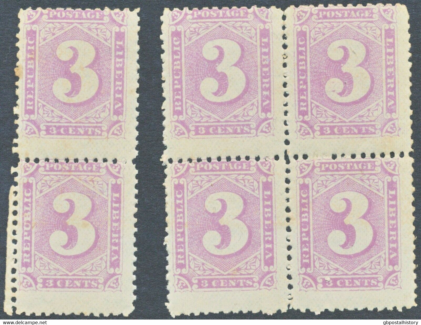 LIBERIA 1886 3 C. Purple Digit, Superb Rare U/M Mint Never Hinged Block Of Four And Very Fine Vertical Pair, VARIETIES: - Liberia