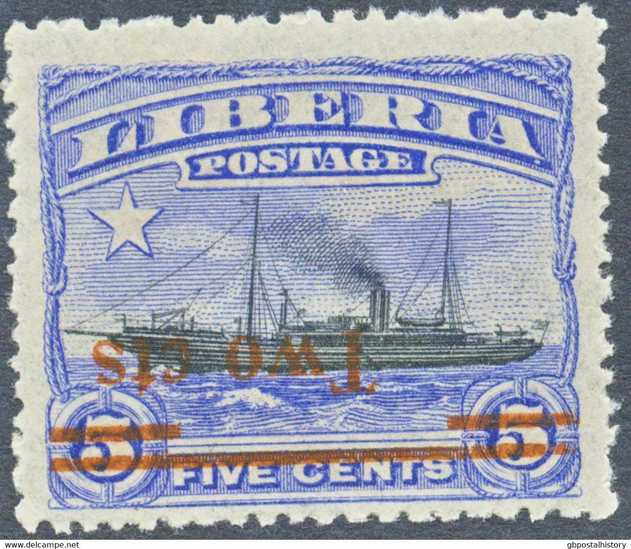 LIBERIA 1916 2 C On 5 C Coastal Steamers U/M, VARIETY MISPLACED OVERPRINT - Liberia