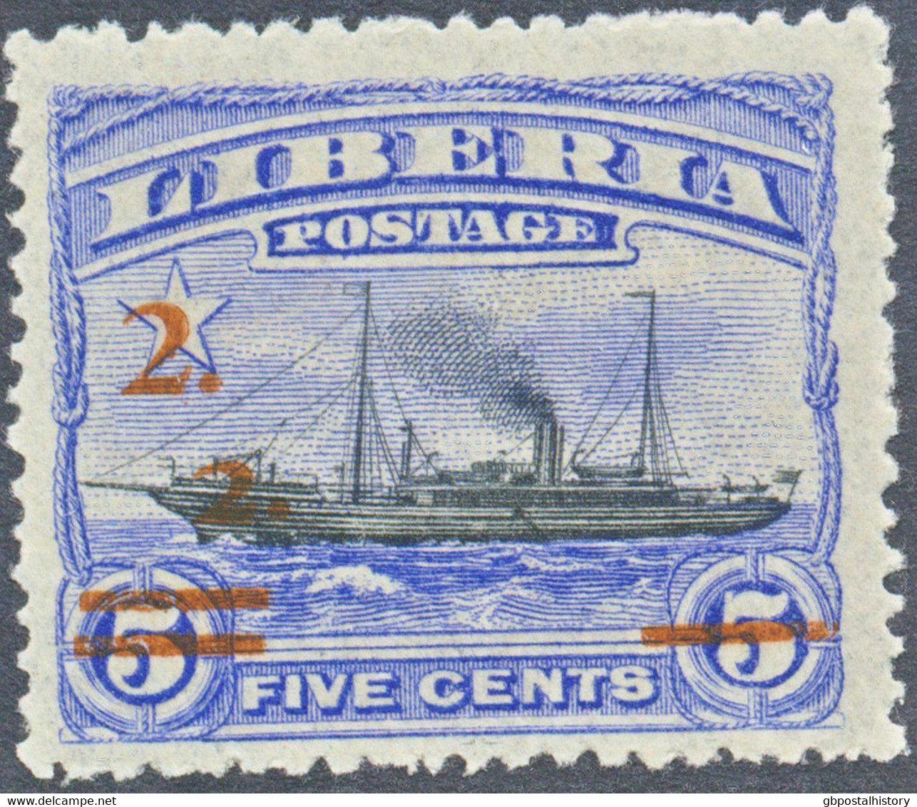 LIBERIA 1916 2 C. On 5 C. Coastal Steamer, Superb U/M, MAJOR ERROR & VARIETY - Liberia