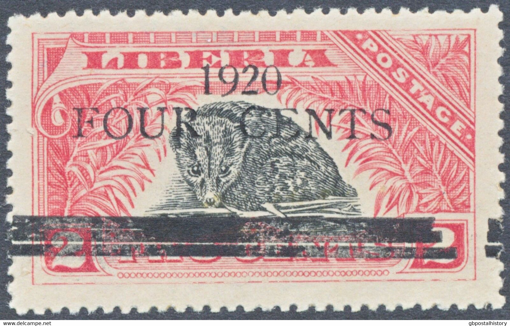 LIBERIA 1920, FOUR CENTS On 2 C. African Palm Civet Superb Unused, ERROR/VARIETY - Liberia