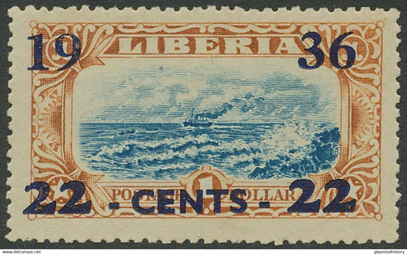 LIBERIA 1936 Freim.-AH-Ausg. 22 Cents Blauer Aufdruck A. 1 $ Braun/blau ** ABART - Liberia