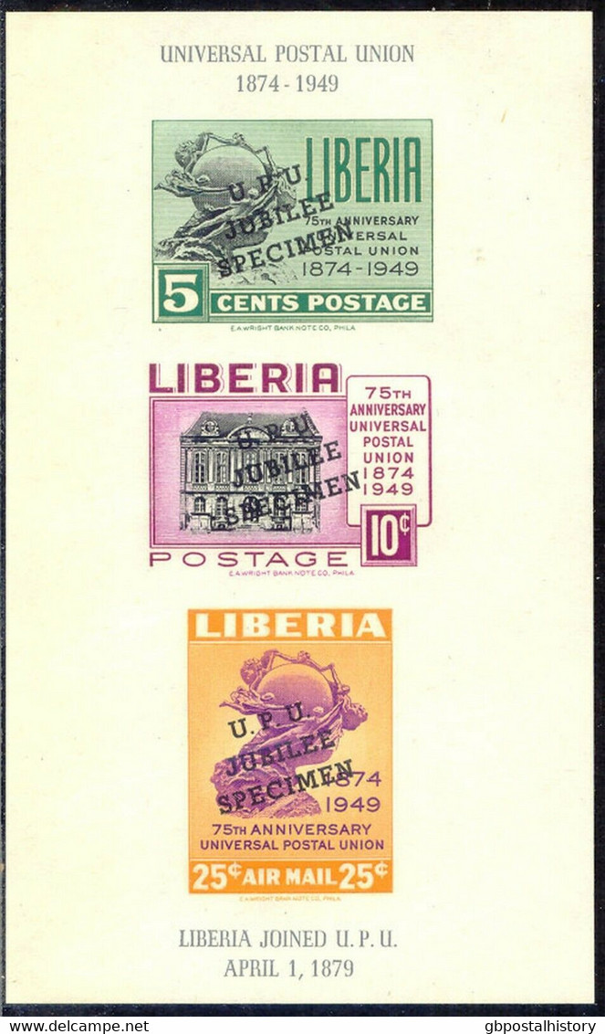 LIBERIA 1950 75 Jahre Weltpostverein UPU, Block 3 Postfr. Kab. SPECIMEN Aufdruck - Liberia