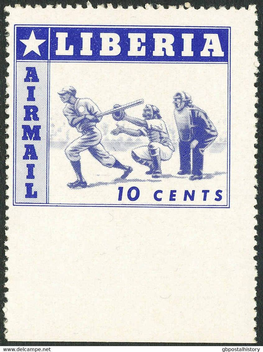 LIBERIA 1955 Sports 10C Pink/ultramarine Baseball U/M GREAT VARIETY: IMPERFORATED + MISSING COLOR - Liberia