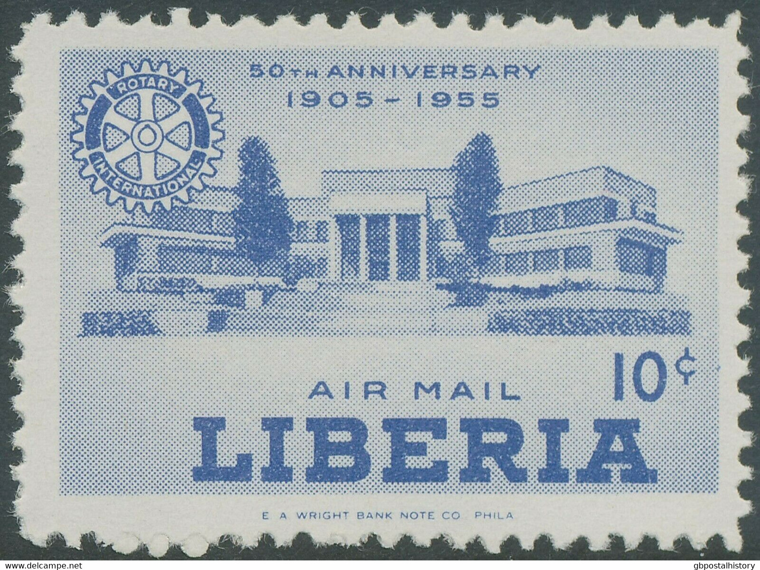 LIBERIA 1955, Rotary Club 10 C. Superb U/M, MAJOR ERROR & VARIETY: MISSING COLOR - Liberia