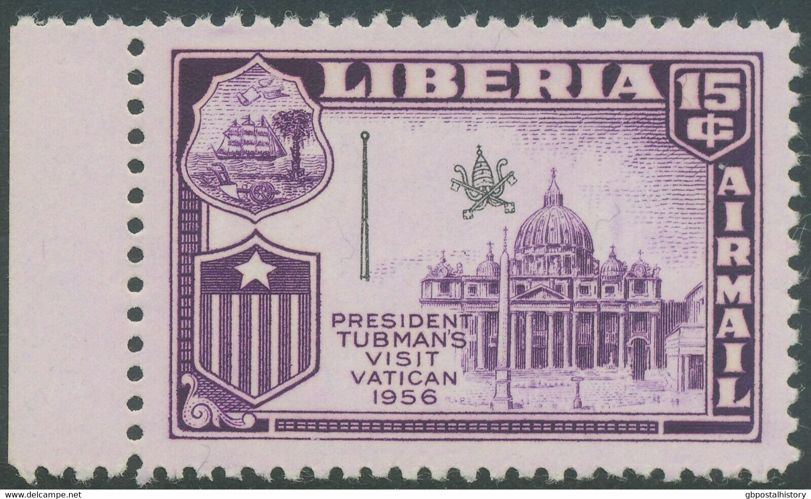 LIBERIA 1958 President Tubman's Visit Europe 15 C Vatican Flag U/M MISSING COLOR - Liberia