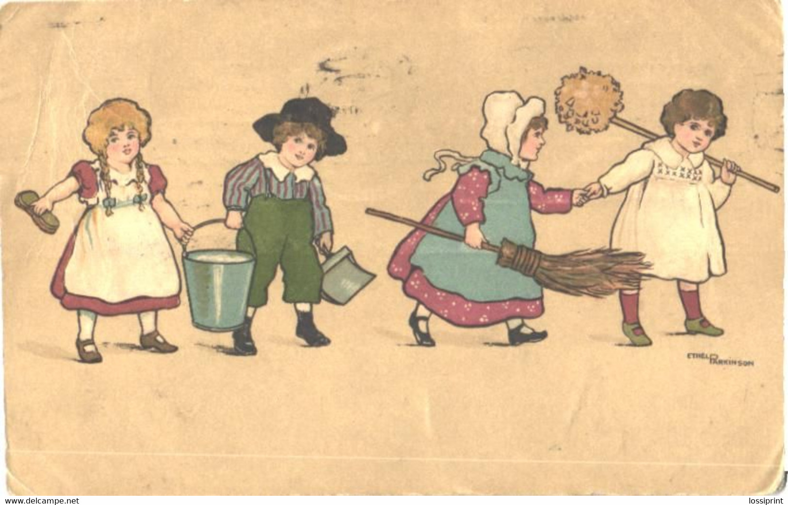 Ethel Parkinson:Kids With Barrel, Broom, Pre 1916 - Parkinson, Ethel