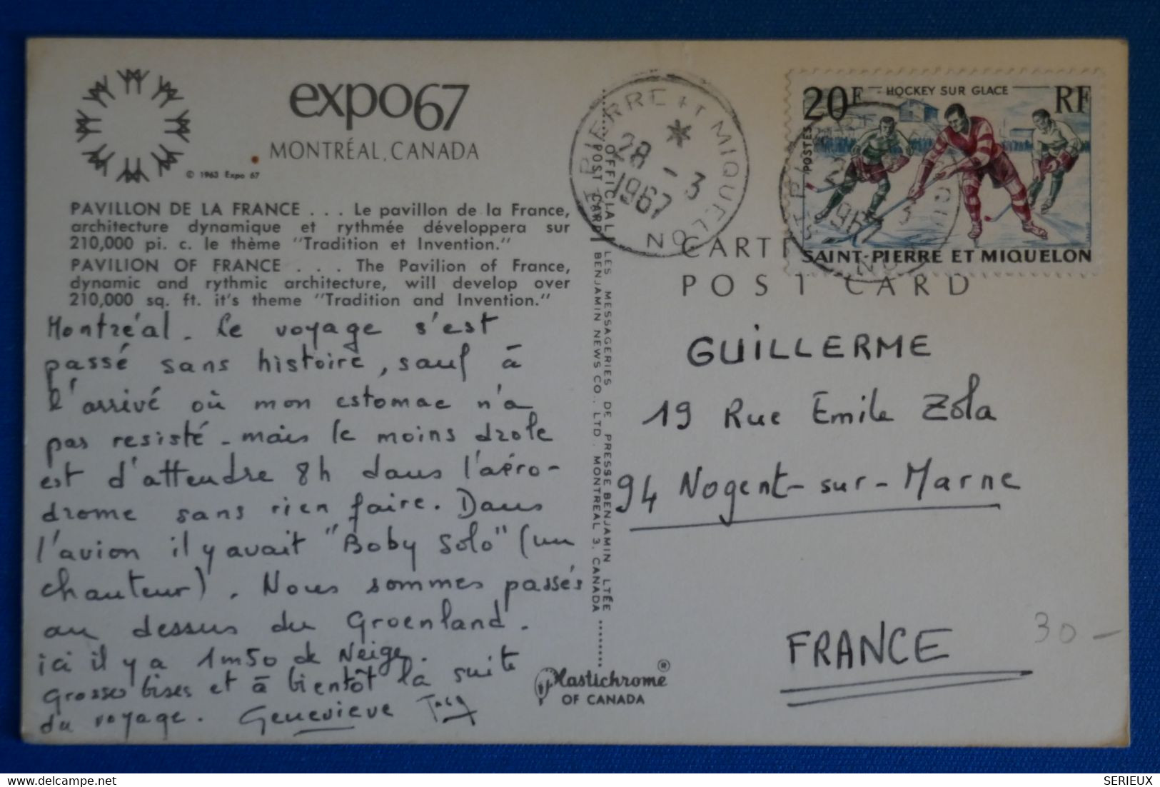 M19 ST PIERRE MIQUELON BELLE CARTE 1967 VILA POUR NOGENT S MARNE FRANCE+ EXPO MONTREAL 67 + AFFRANCHISSEMENT PLAISANT - Brieven En Documenten