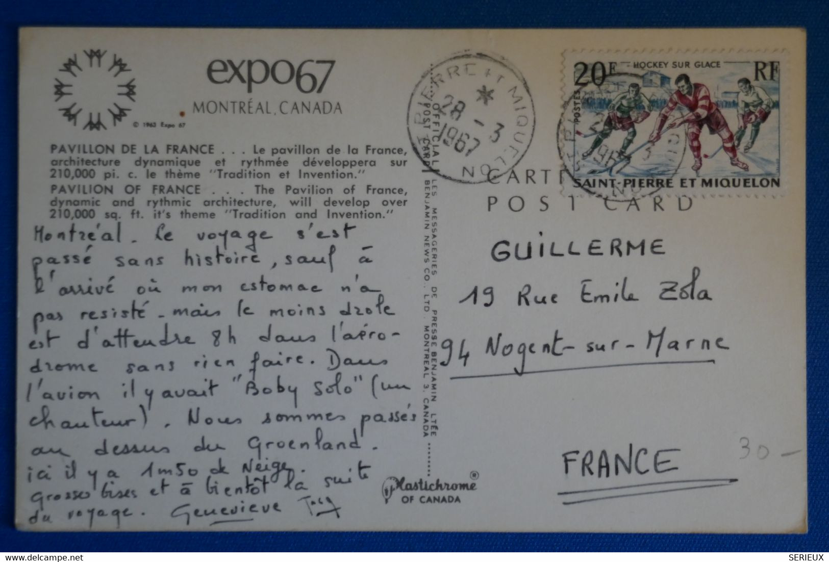 M19 ST PIERRE MIQUELON BELLE CARTE 1967 VILA POUR NOGENT S MARNE FRANCE+ EXPO MONTREAL 67 + AFFRANCHISSEMENT PLAISANT - Cartas & Documentos