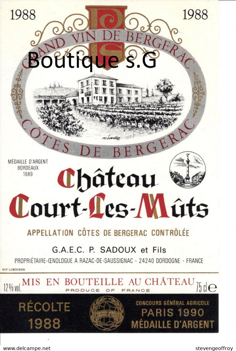 Etiquettes Vin Vignobles Bergerac Chateau Court Les Muts 1988 Medaille D Argent Sadoux GAEC Dordogne Razac Saussignac - Bergerac