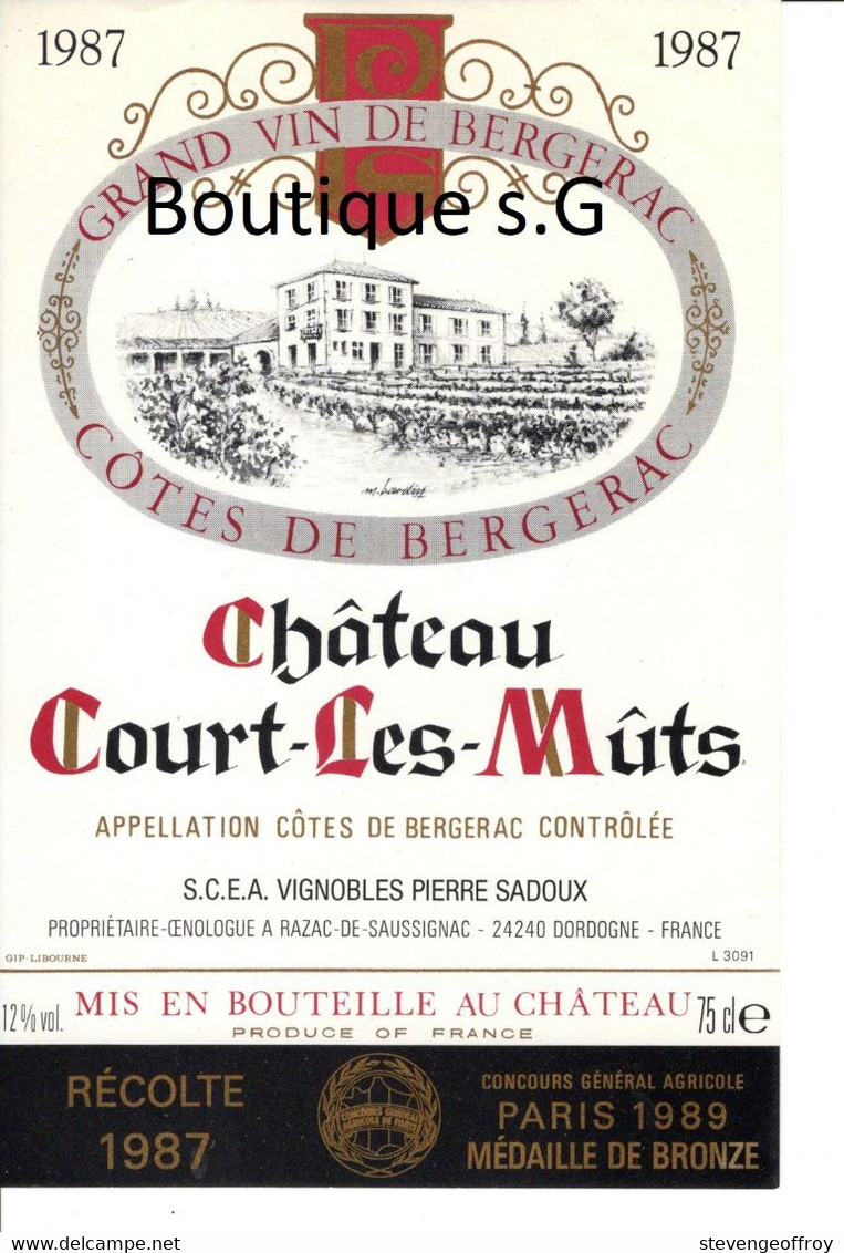 Etiquettes Vin Vignobles Bergerac Chateau Court Les Muts 1987 Medaille D Argent Sadoux GAEC Dordogne Razac Saussignac - Bergerac