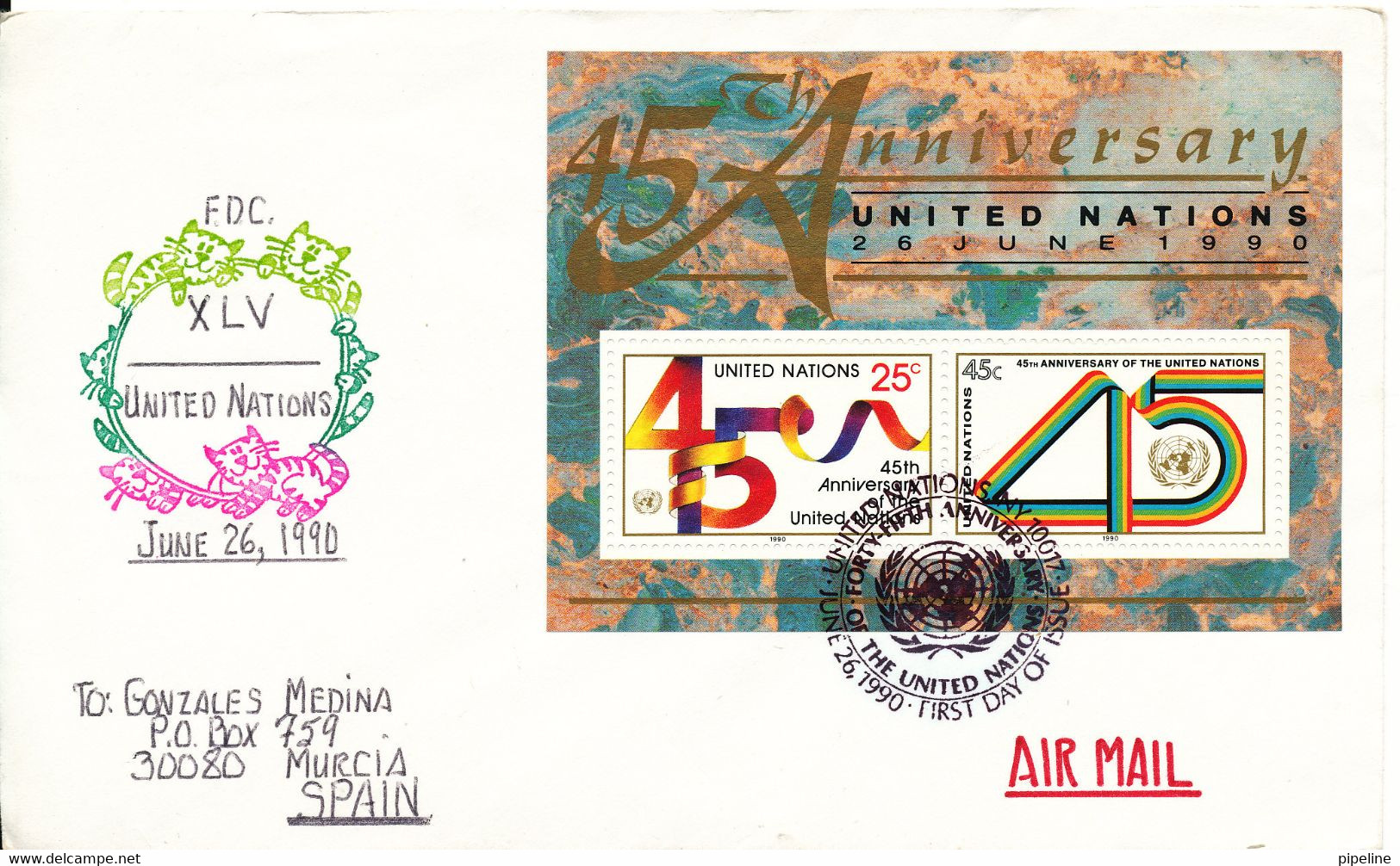 U. N. New York FDC  To Germany 26-6-1990 Souvenir Sheet UN 45 Anniversary - Brieven En Documenten