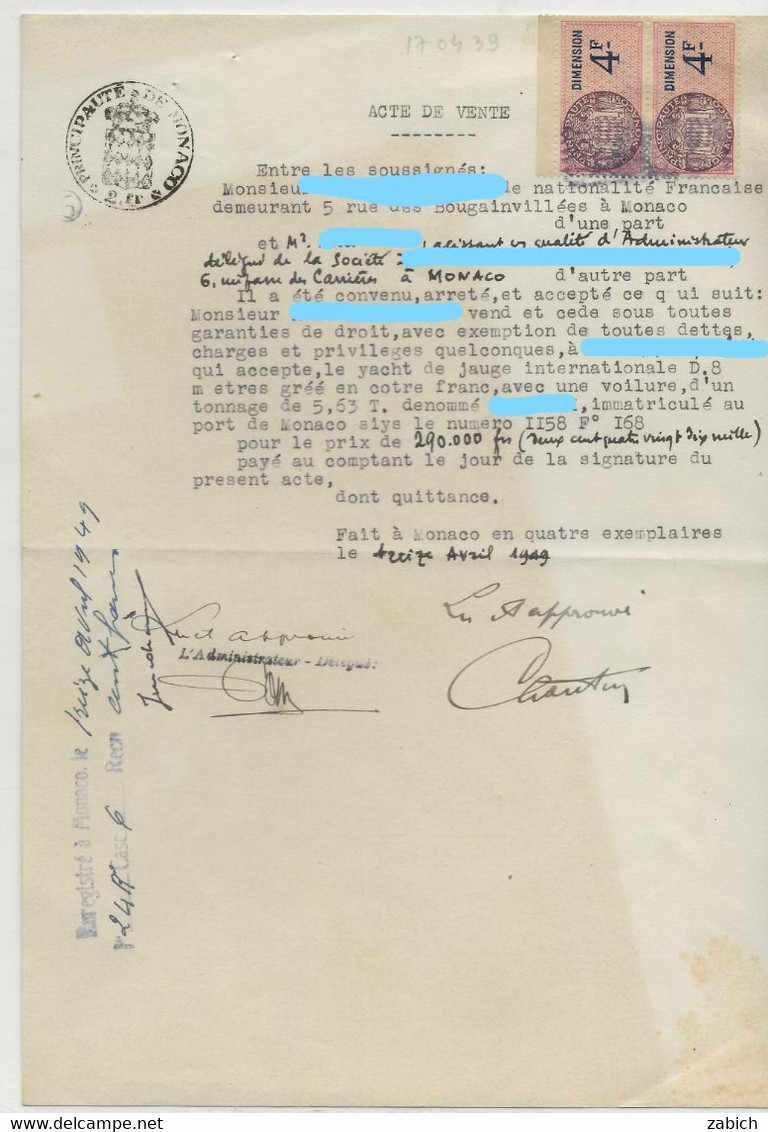 FISCAUX DE MONACO  DIMENSION N°18  4F Rose Brun Et Bleu   2 Exemplaires  13 Avril 1949 - Steuermarken