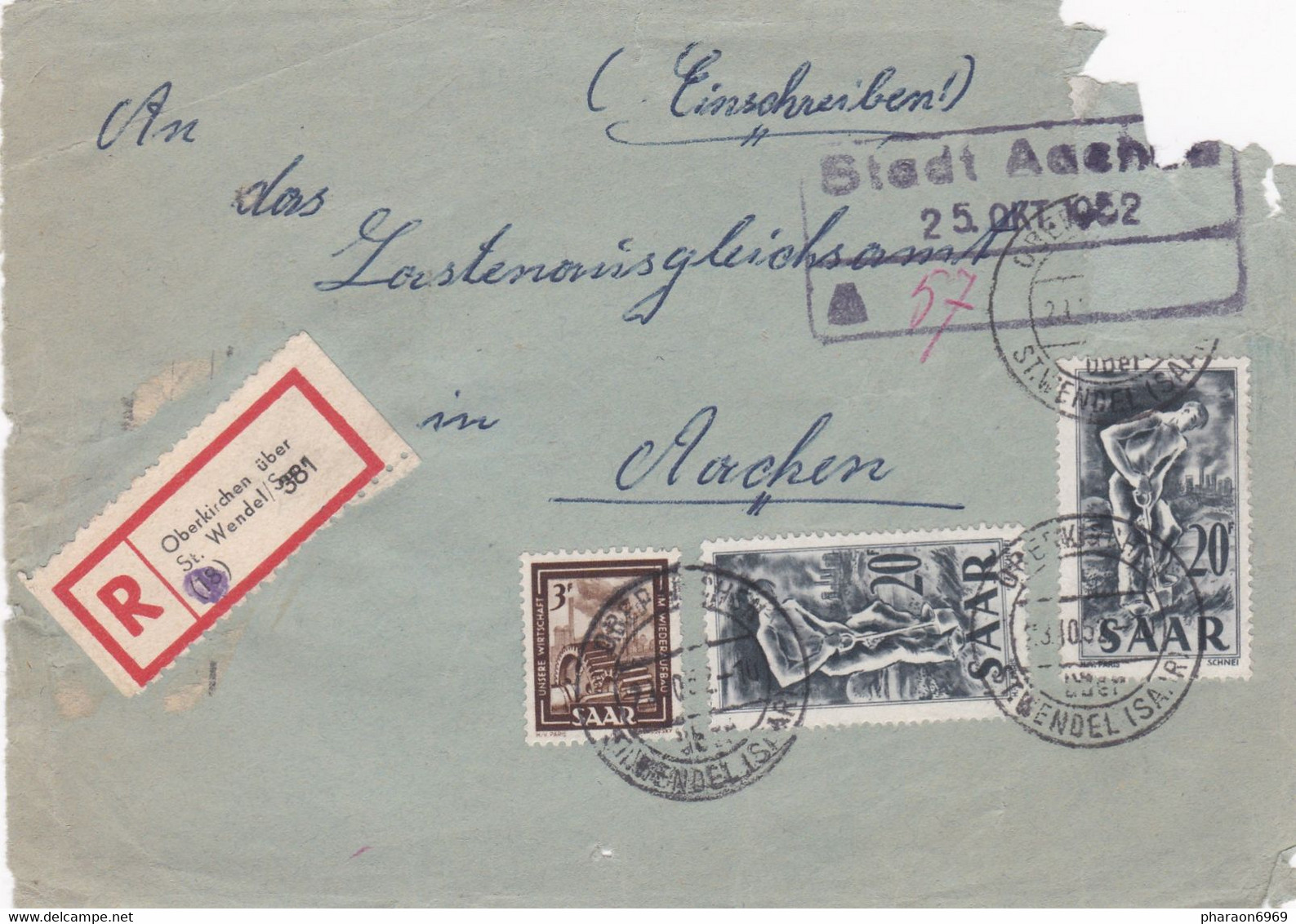 Devant D'enveloppe Registered Oberkirchen ûber St. Wendel Stadt Aachen - Covers & Documents