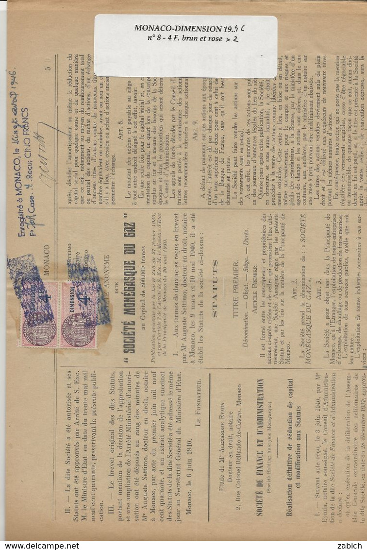 FISCAUX DE MONACO  DIMENSION N°18  4F Rose Brun Et Bleu   2 Exemplaires  26 Avril 1946 - Revenue