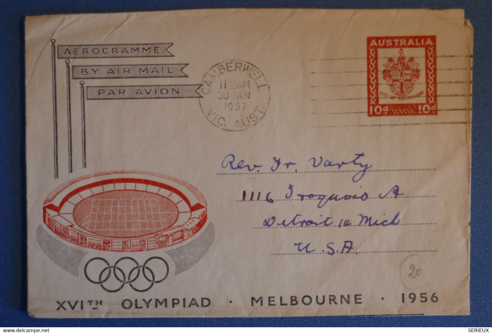 M19 AUSTRALIE BELLE LETTRE AEROGRAMME 1957 CAMBERWELL POUR DETROIT USA + JEUX OLYMPIADES MELBOURNE+ AFFRANCH PLAISANT - Lettres & Documents