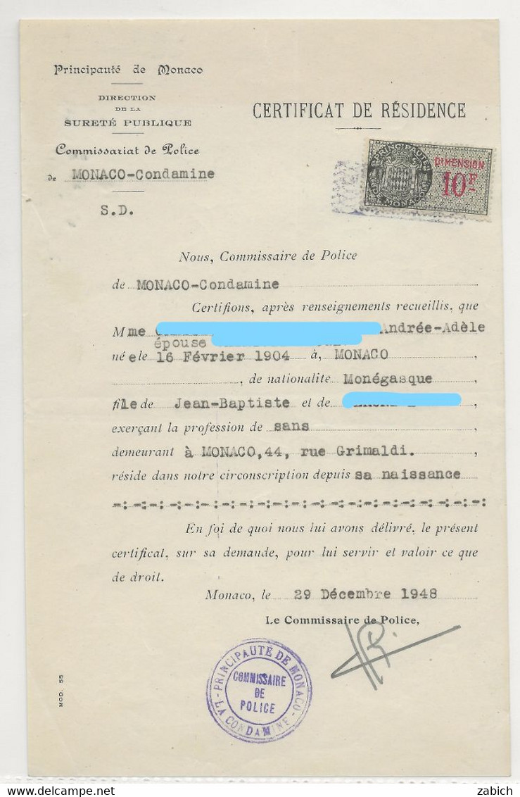 FISCAUX DE MONACO  DIMENSION N°19  10F Vert  29 Décembre 1948 - Steuermarken