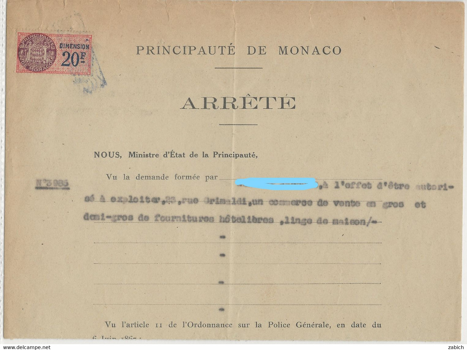 FISCAUX DE MONACO  DIMENSION N°21  20F Saumon  7 Juillet 1949 - Fiscales