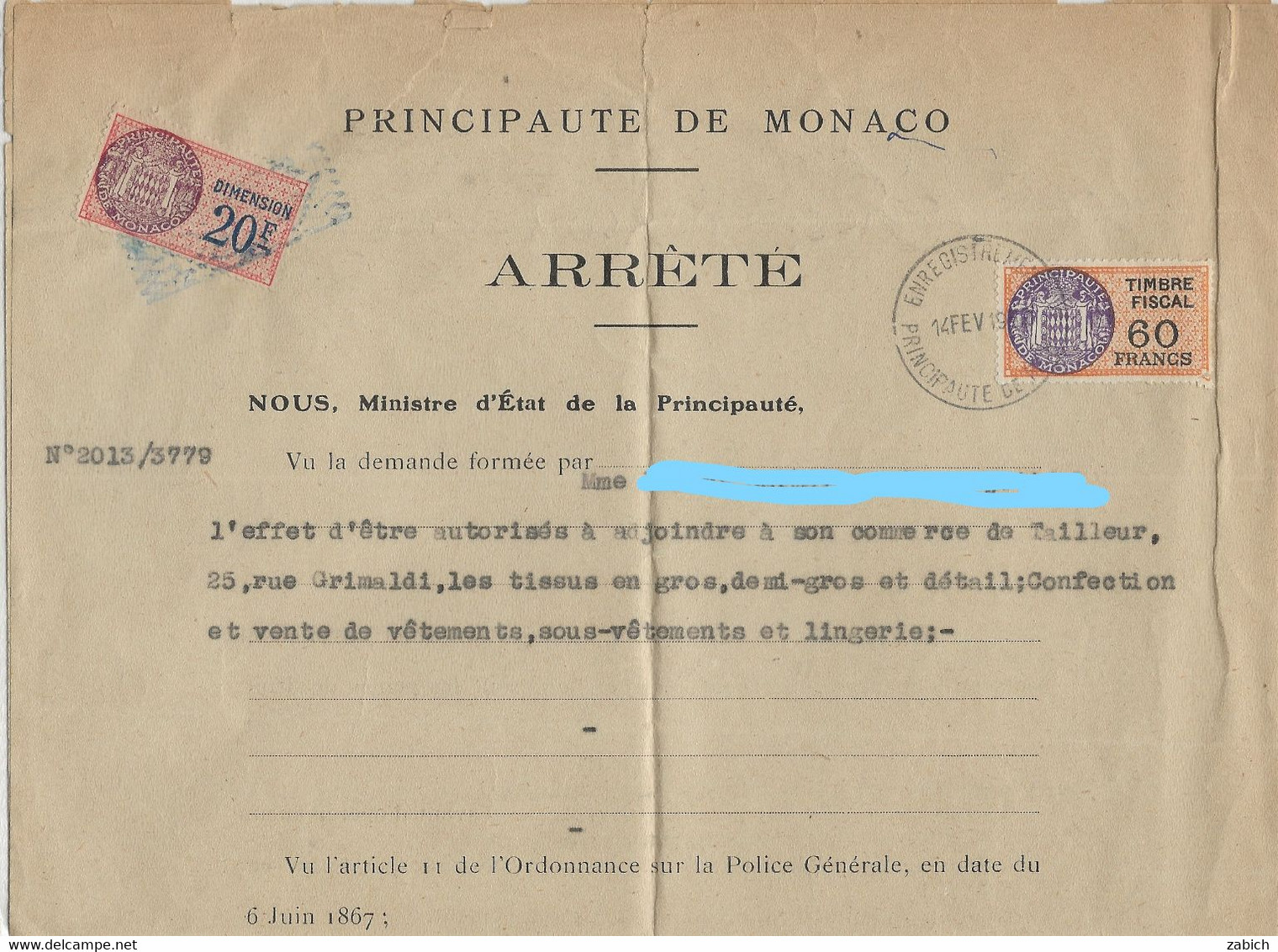 FISCAUX DE MONACO  DIMENSION N°21  20F Saumon + SERIE UNIFIEE N°14 90 Fr Orange 22 Juillet 1948 - Revenue