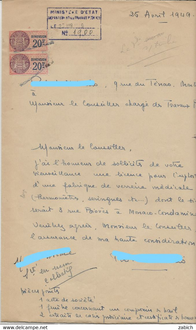FISCAUX DE MONACO  DIMENSION N°21  20F Saumon 2 Exemplaires  25 Avril 1949 - Fiscale Zegels