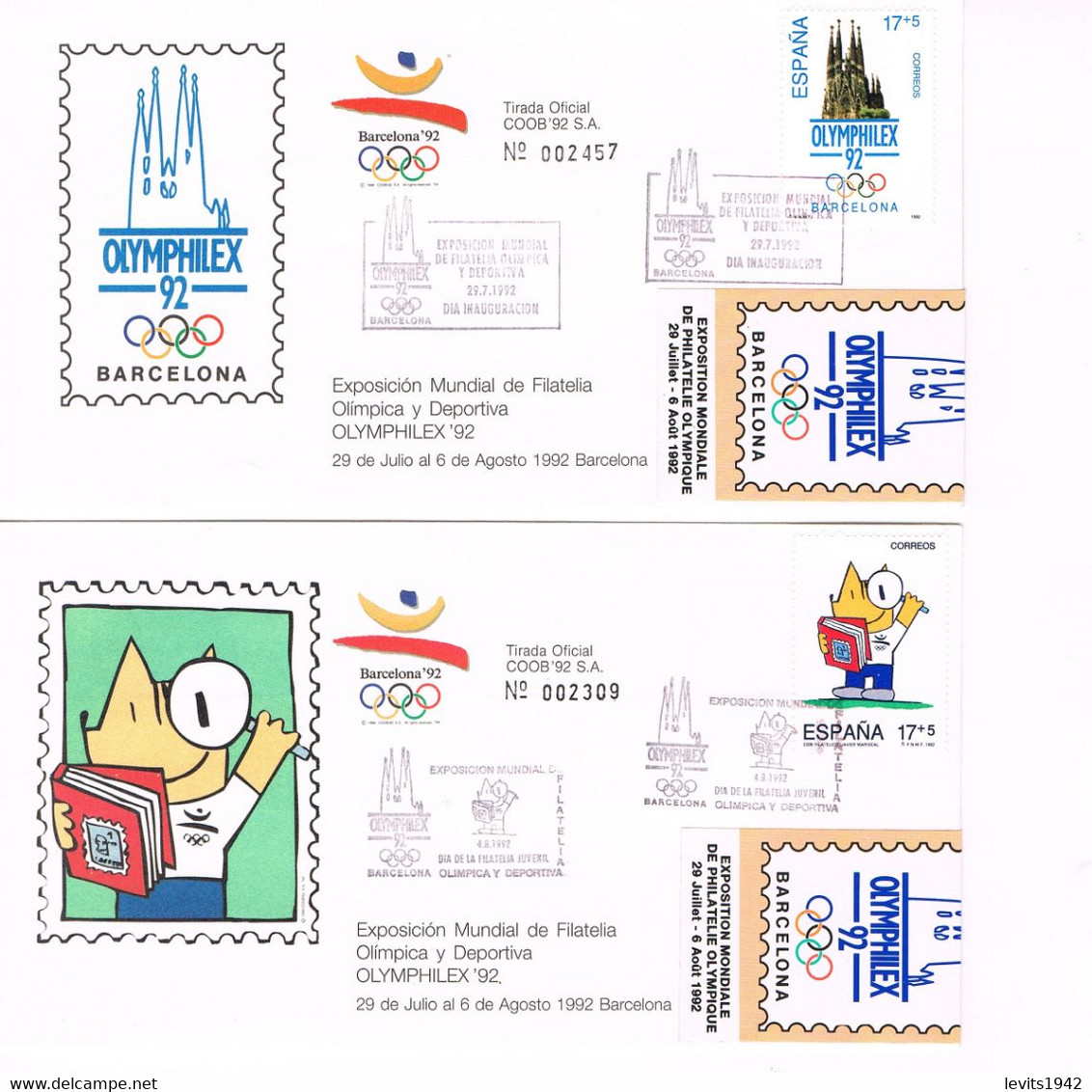 OLYMPHILEX 92 - BARCELONE - BROCHURE - 2 ENVELOPPES AVEC CACHETS DE LA MANIFESTATION - - Libri