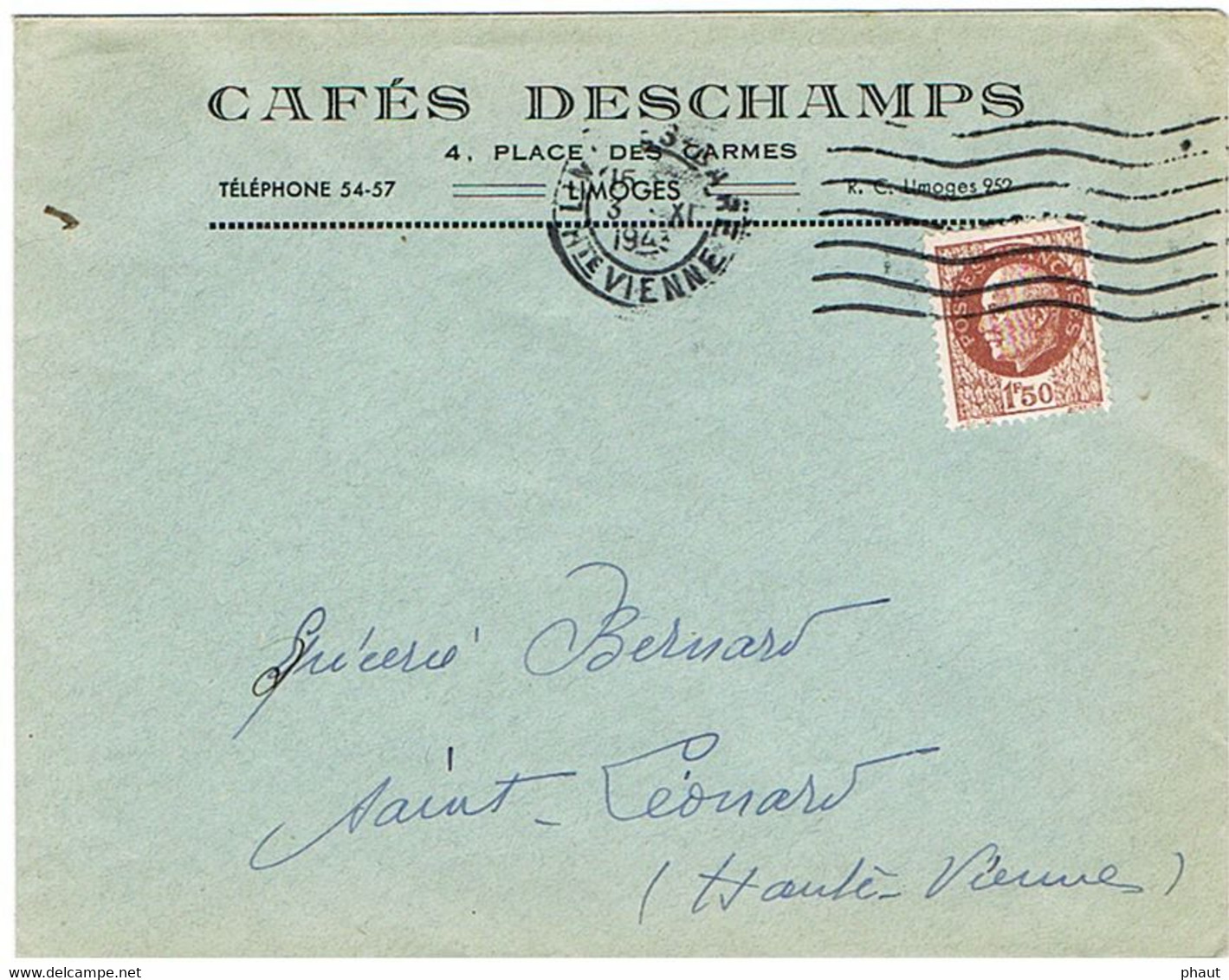 ENVELOPPE  A EN-TETE CAFE DESCHAMPS LIMOGES - 1921-1960: Periodo Moderno