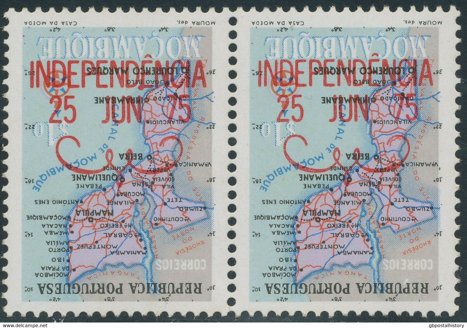 MOSAMBIK 1975 Unabhängigkeit 0.10 E. (2x), 1.50 E. U. 4.50 E. INVERTED OVERPRINT - Mozambique
