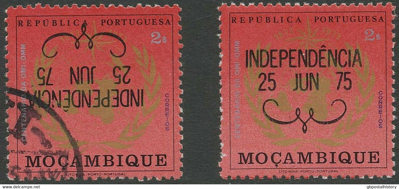 MOSAMBIK 1975, Unabhängigkeit 2 E. ABART (Michel Bisher Unbekannt): Kopfstehender Aufdruck   "INDEPENDÊNCIA / 25 JUN 75" - Mozambique