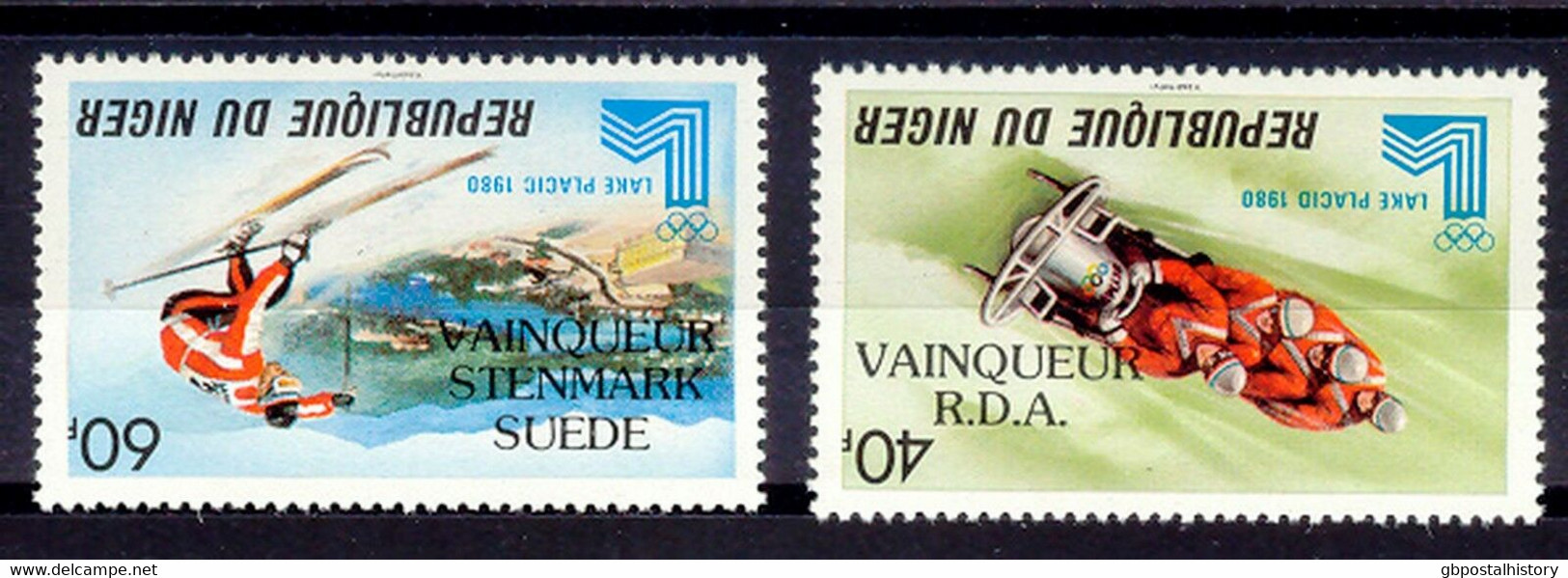 NIGER 1980 Olympic Games Lake Placid, 40 Fr. And 60 Fr. U/M INVERTED OVERPRINTS - Niger (1960-...)