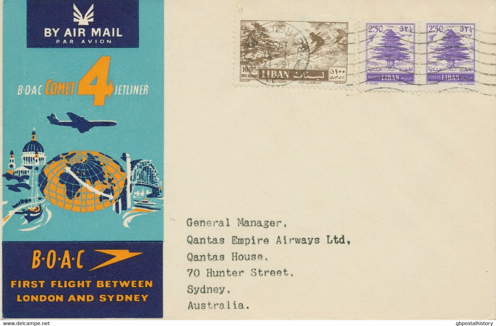 LEBANON 1959 B.O.A.C. Comet 4 Jetliner Service First Flight BEYROUTH - SYDNEY With Rare POSTMARK-ERROR - Lebanon