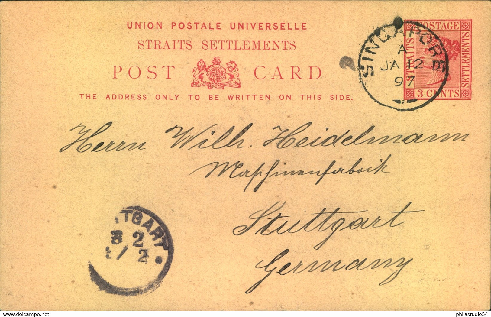 1897, 3 Cents Stationery Card From "SINGAPORE A JA 12 97" To Stuttgart. - Singapour (...-1959)