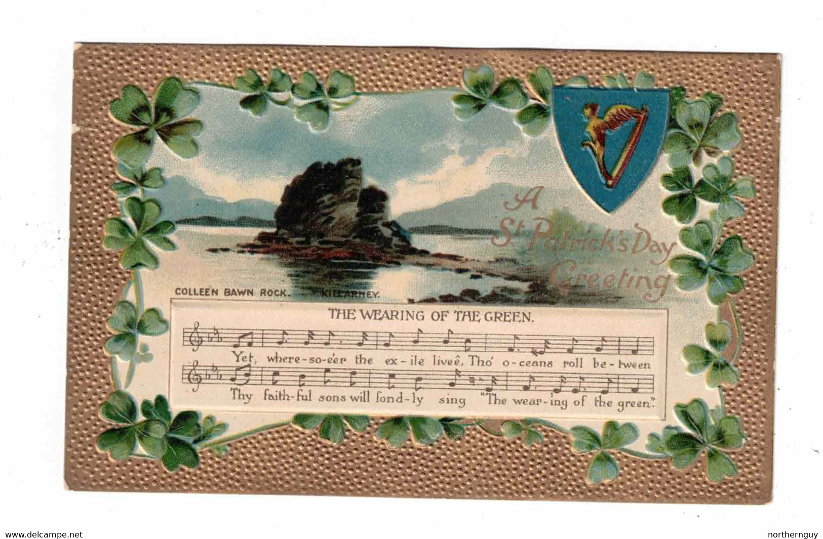 SONG "Colleen Bawn Rock, Killarney. The Wearing Of The Green, "Yet,where So-over........" Pre-1915 Postcard, USA? - Saint-Patrick's Day