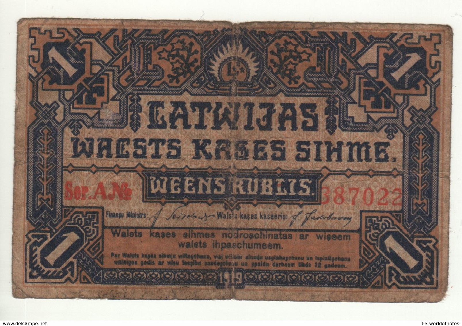 LATVIA  1 Rublis    P1   1919 - Lettonie