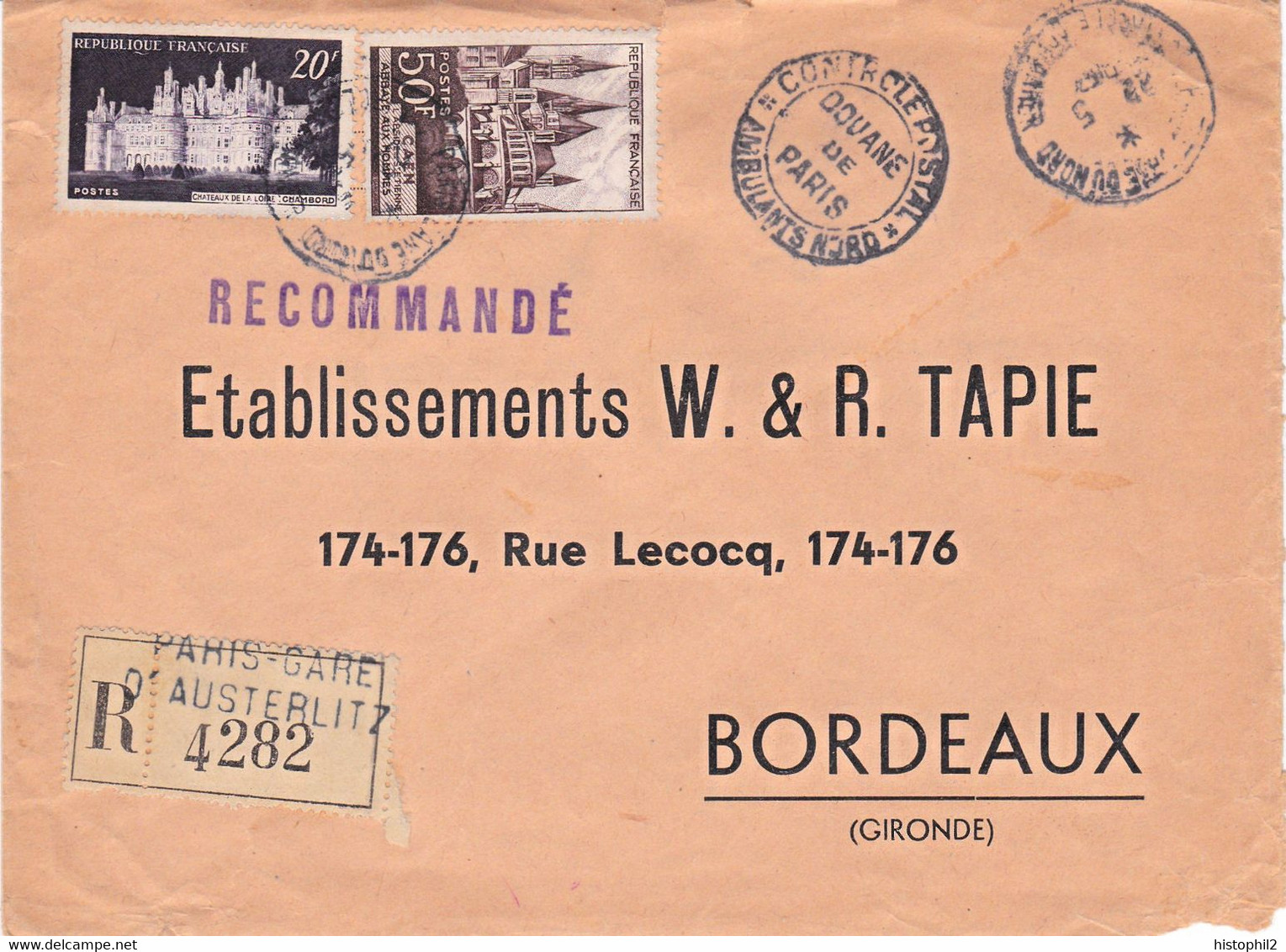 50F Caen Et 20F Chambord Sur LR Paris Gare Du Nord Contrôle Douanier Mais Griffe Austerlitz 22/5/1953 Pour Bordeaux - Posttarieven