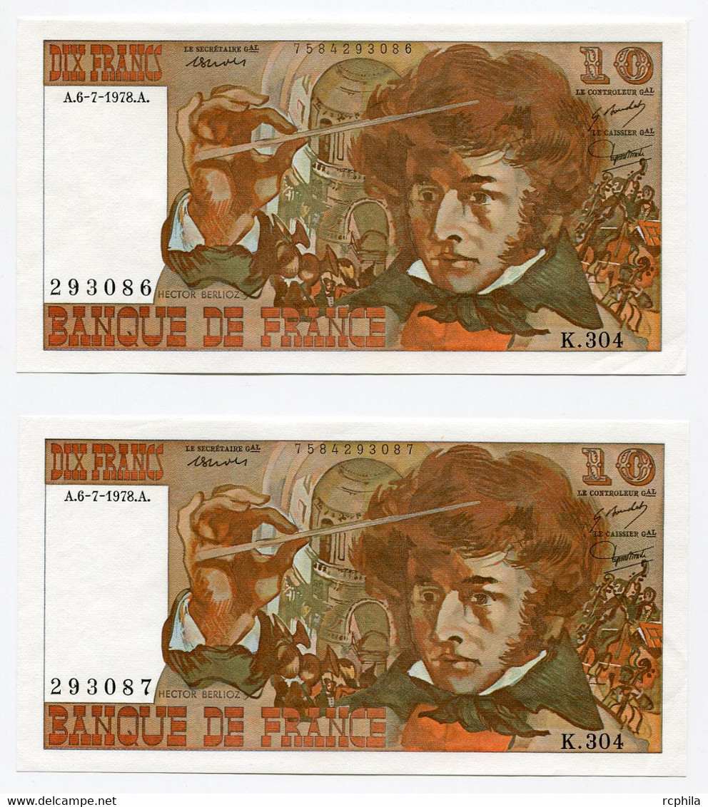 RC 20600 FRANCE 2 BILLETS 10F BERLIOZ DU 6-7-1978 NUMÉROS CONSÉCUTIFS - 10 F 1972-1978 ''Berlioz''