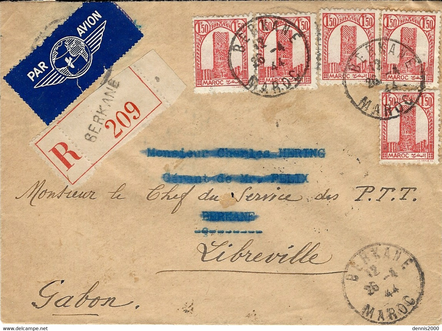 1944- Enveloppe RECC. Par Avion De BERKANE  Affr. à 7,50 F  ( 1,50 F X 5 )  Pour Libreville ( Gabon ) - Autres & Non Classés