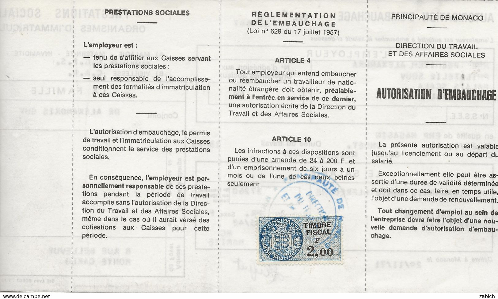 FISCAUX DE MONACO SERIE UNIFIEE  N°66 2F BLEU SUR Autorisation D'embauche Le29 Novembre 1971n LE 16 AVRIL 1992 - Fiscale Zegels