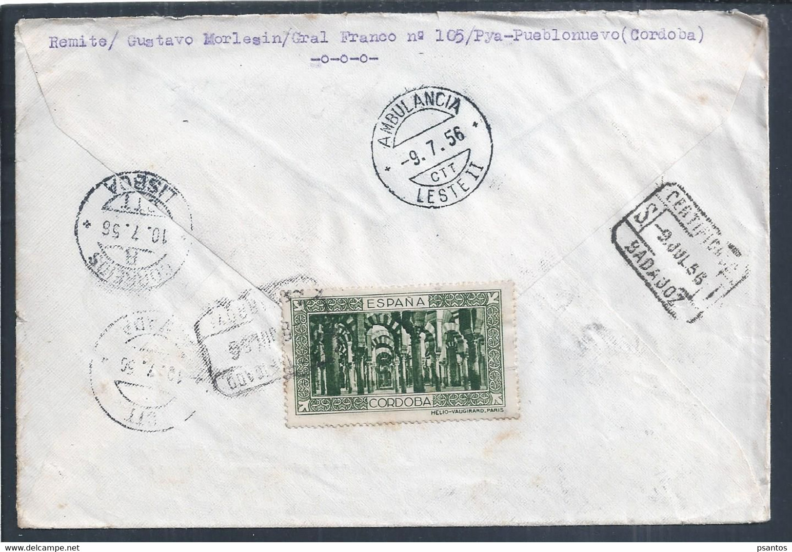 Railway Lest II Ambulanc. Stamp L Vega. Registered Letter Fuente Obejuna1956. Ignatius Liola. Vignette Cordoba. Rare - Covers & Documents