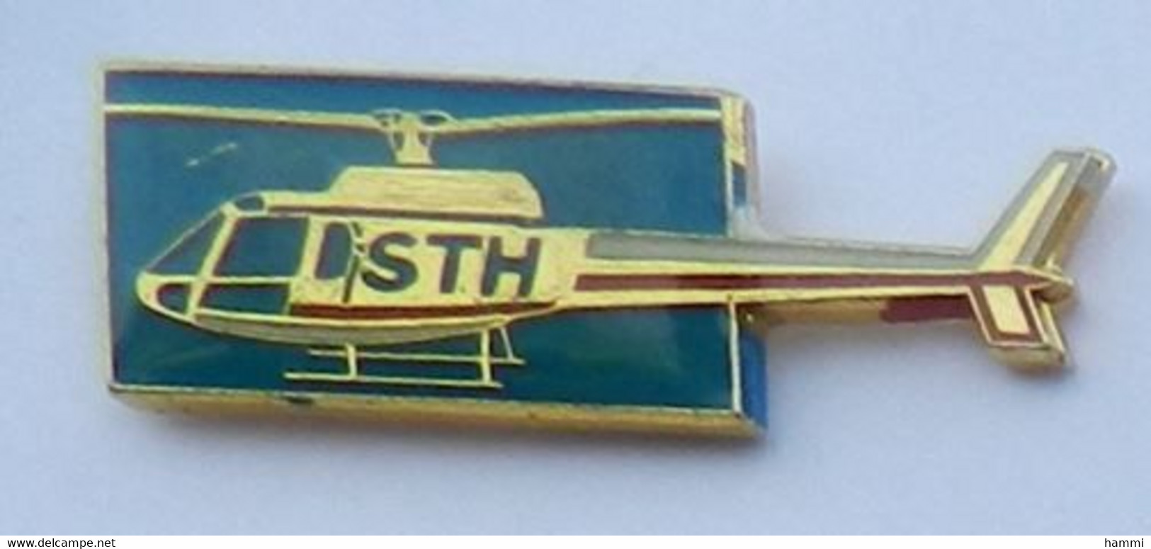 T07 Pin's AVION HELICO HELICOPTERE STH Services Transports Héliportés Tout Doré Et VERT Achat Immédiat - Avions