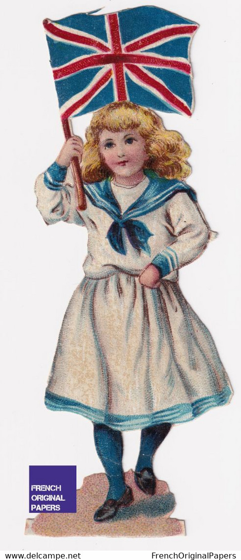 Rare Chromo Découpis Fille Fillette En Robe Drapeau Angleterre Patriotisme - Little Girl English Flag Patriotic A46-59 - Ragazzi