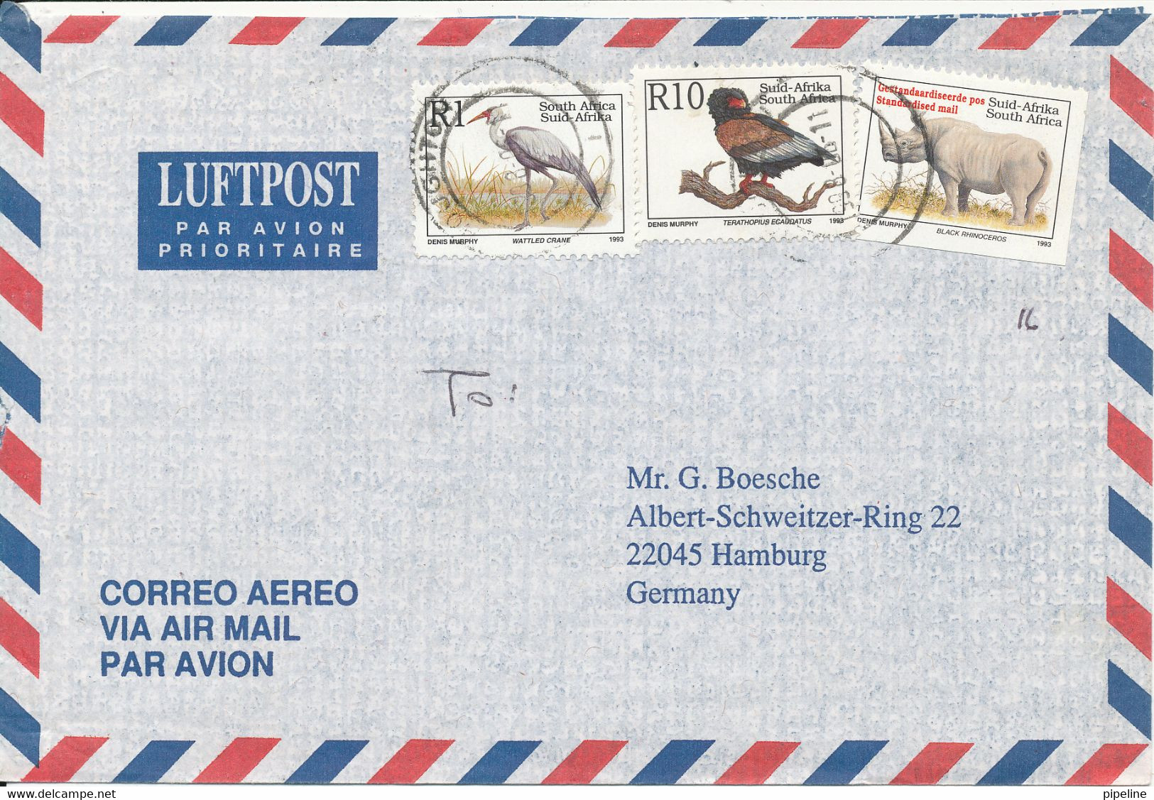 South Africa Registered Air Mail Cover Sent To Germany 11-6-1998 BIRDS And RHINOCEROS - Posta Aerea