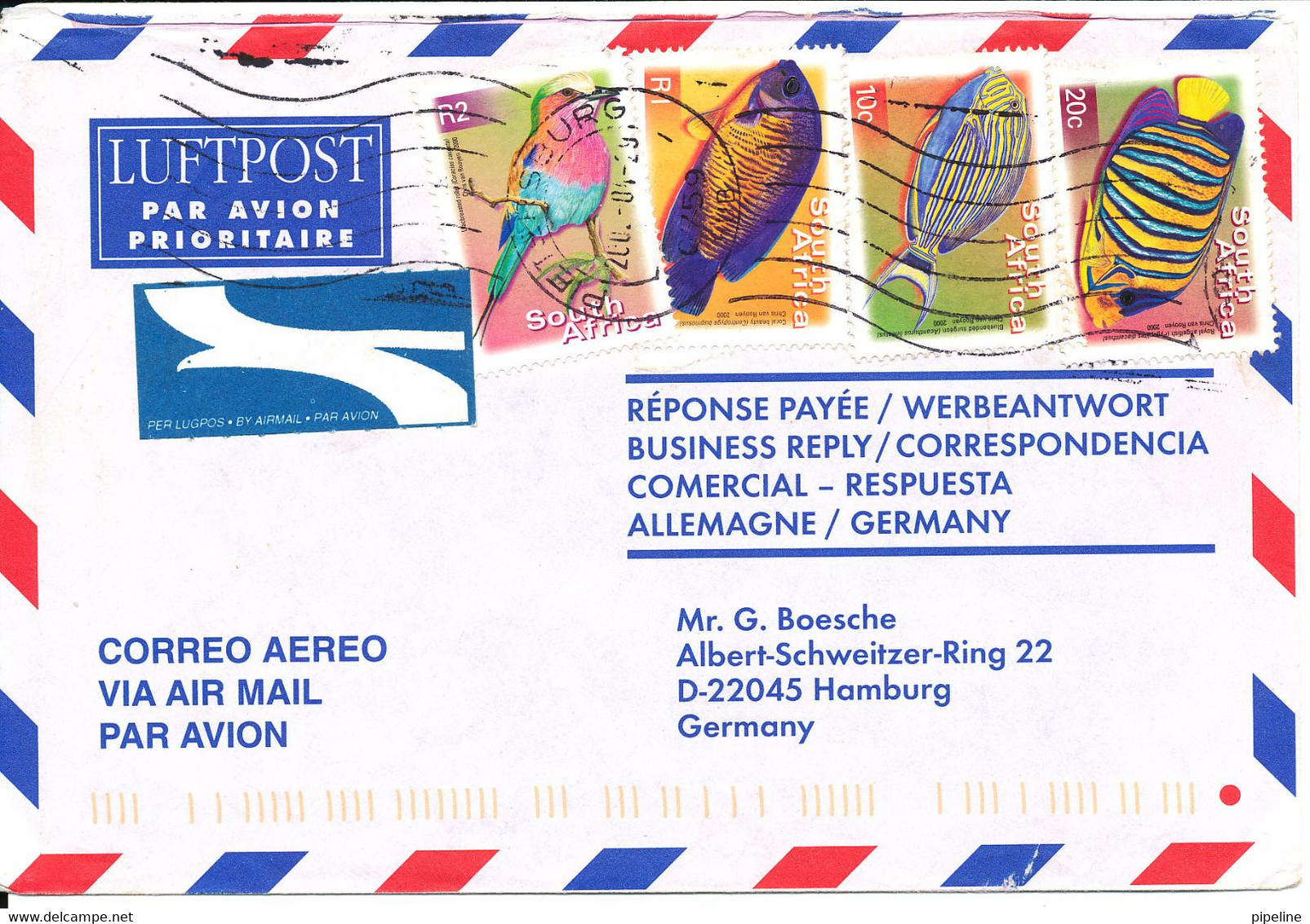 South Africa Air Mail Cover Sent To Germany 29-4-2001 FISH And BIRD - Posta Aerea