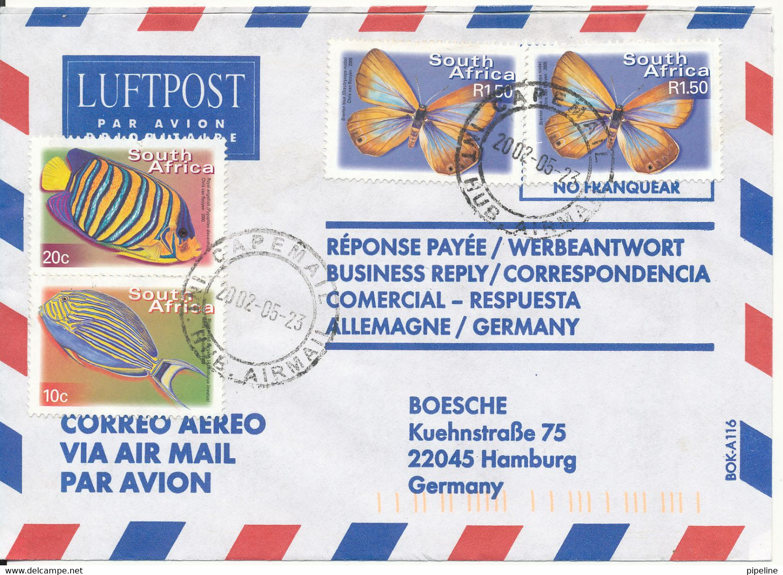 South Africa Air Mail Cover Sent To Germany 23-5-2002 FISH And BUTTERFLIES - Posta Aerea