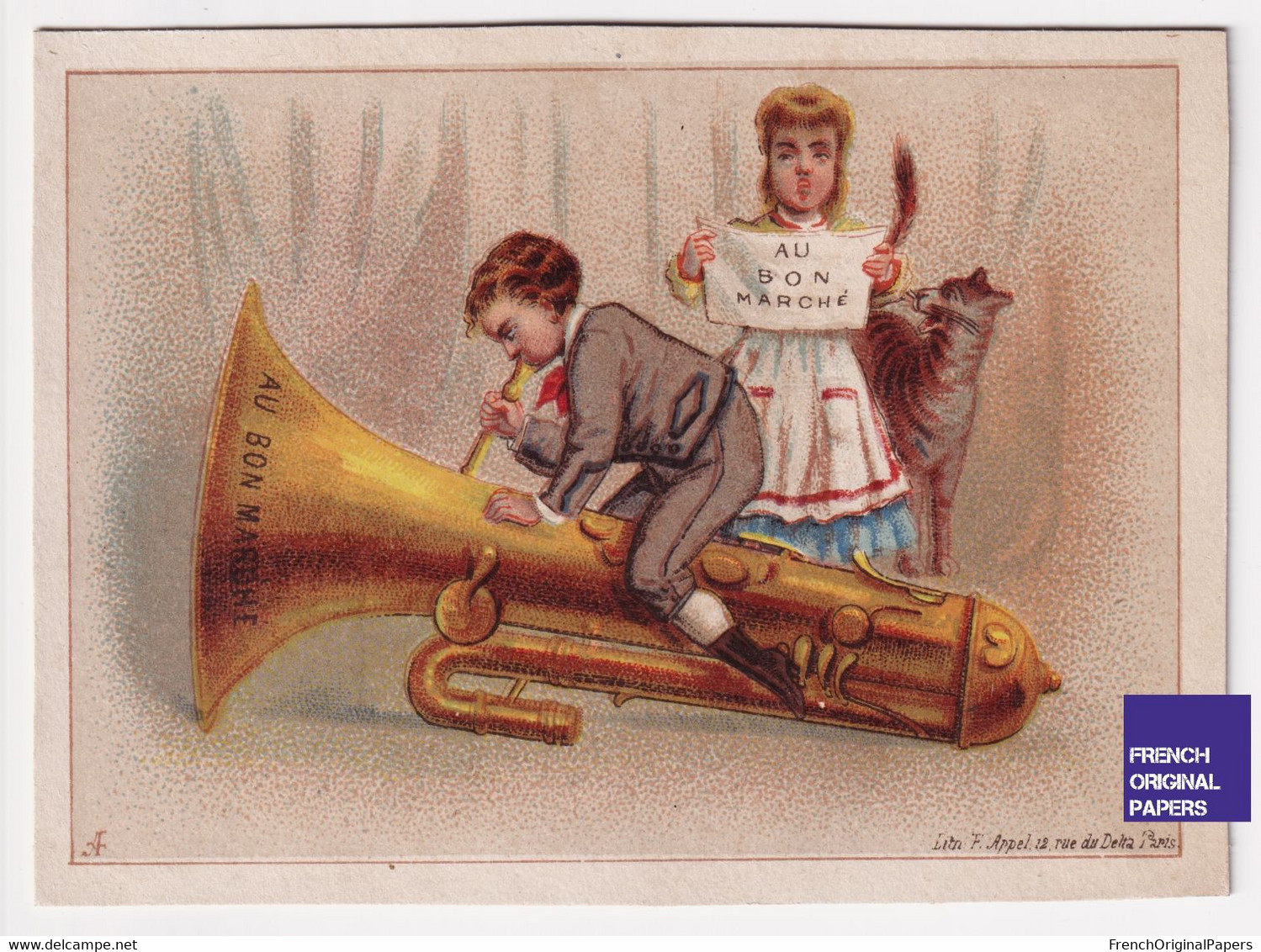 Jolie Chromo Appel Circa 1880 Au Bon Marché Boucicaut Paris Musique Instrument Cuivre Tuba Ophicléide Chat Fille 46-63 - Au Bon Marché