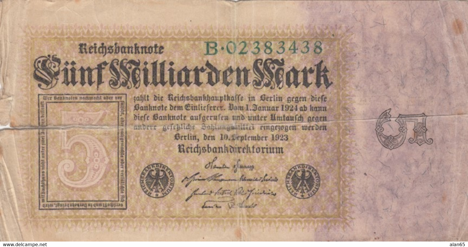 Germany #115a, 5 Milliarden Marks 10 September 1923 Issue Good Banknote Money Currency - 5 Milliarden Mark