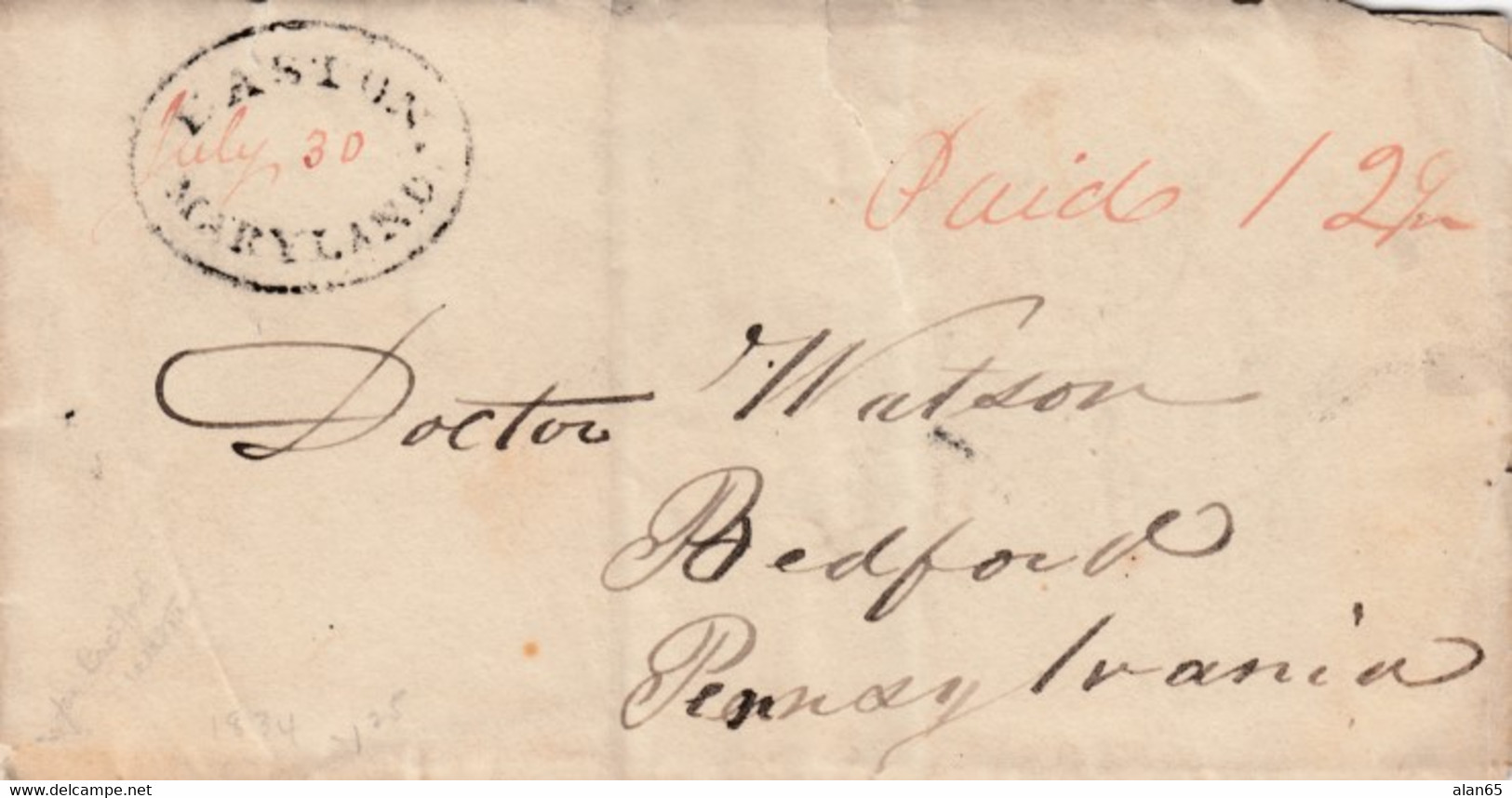 Stampless Cover, Easton Maryland Black Postmark, To Bedford PA, 30 July (1834), 12 1/2c Rate - …-1845 Préphilatélie